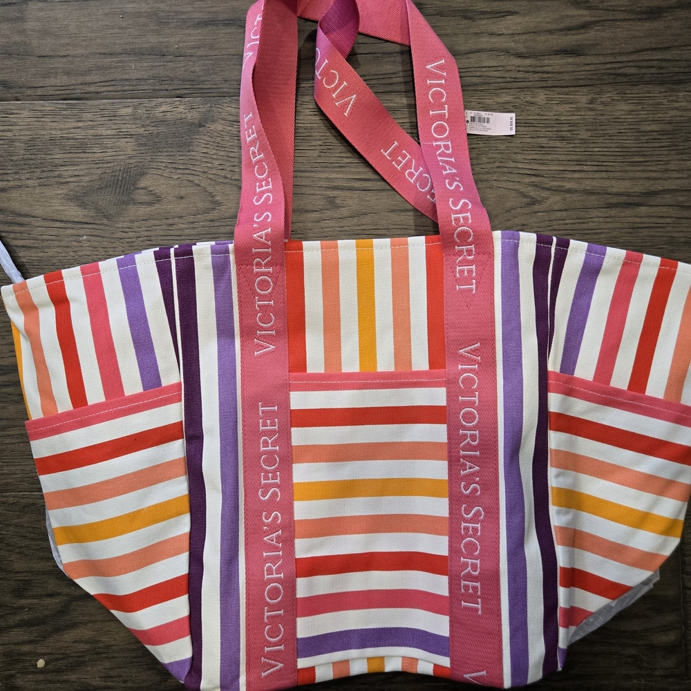 Victoria's Secret Pink & Multi-Stripe Canvas Tote